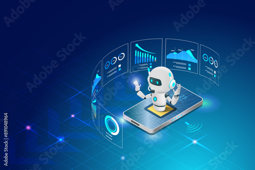 AI chat robot analyzing business graph chart data on smart phone. Artificial intelligence technology revolution and development, machine learning. Implement of robotic science research in business.