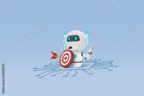 Digital marketing using AI artificial intelligence in business target. Chat robot hold red target arrow on electronic circuit board. Implement of robotic data analysis research in business. 3D vector.