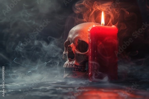 Skull and Burning Candle in a Smoky Atmosphere