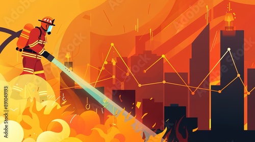 A graph of social media metrics showing excellent results within a burning device, we see a firefighter trying to put out the flames photo