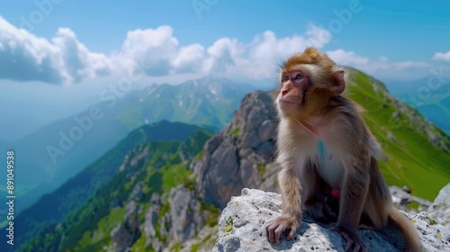 Mountain Monkey, Monkey sitting on rock with scenic mountain view, Wildlife Photography
