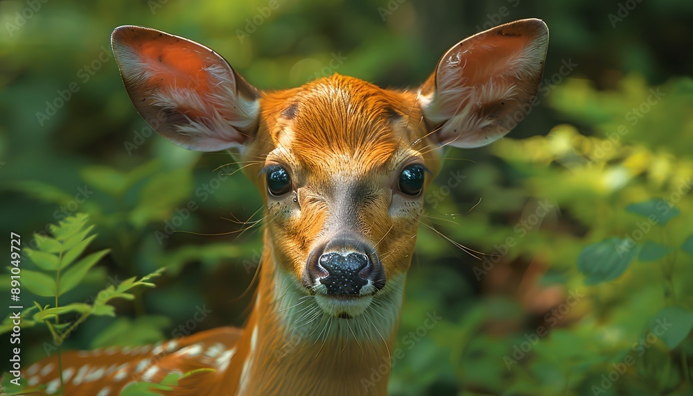A close-up of a young deer's face with large, dark eyes A close-up of a young deer's face with large, dark eyes