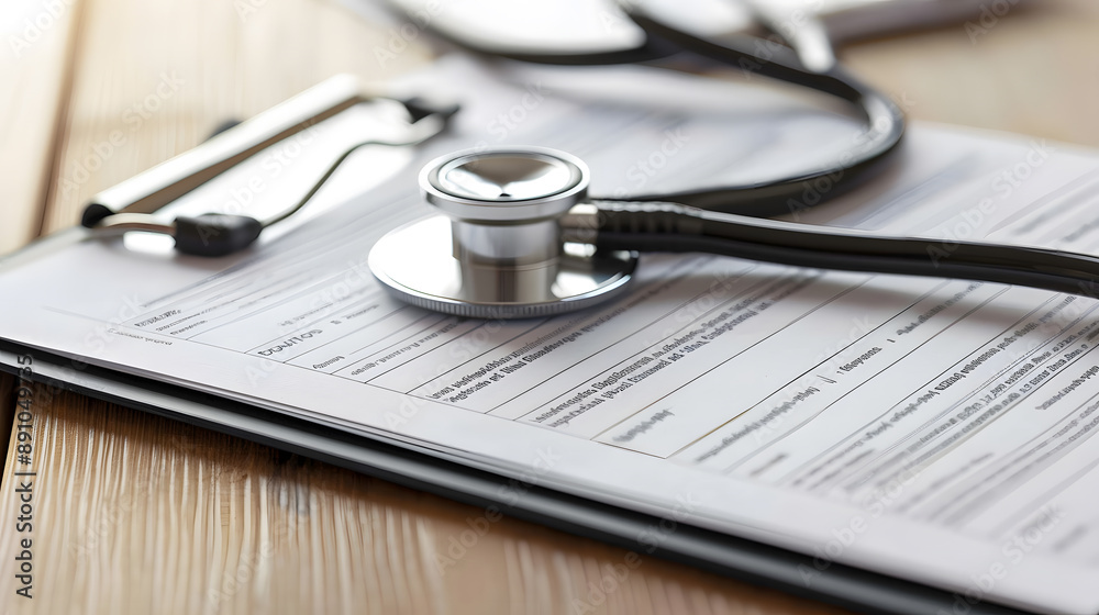 Stethoscope head on a medical form with a clipboard pad, showcasing a professional and precise clinical scene with ample copy space Stethoscope head on a medical form with a clipboard pad, showcasing a professional and precise clinical scene with ample copy space