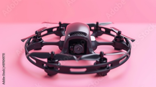 Black fpv cinewhoop drone with battery front view with selective focus isolated on pink photo