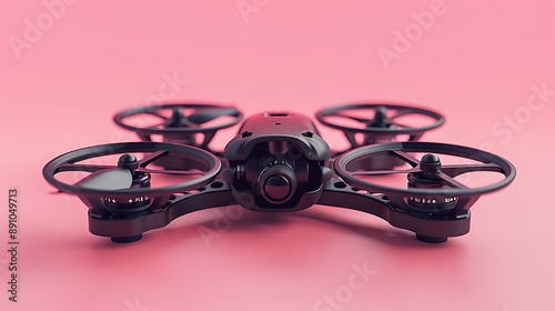 Black fpv cinewhoop drone with battery front view with selective focus isolated on pink photo