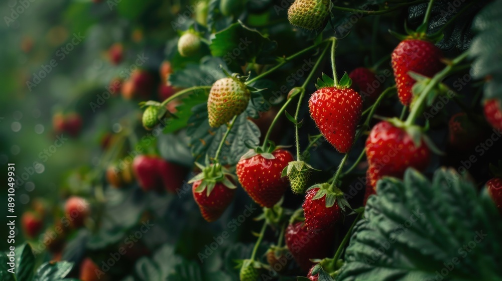 A bunch of red strawberries hanging from a plant A bunch of red strawberries hanging from a plant