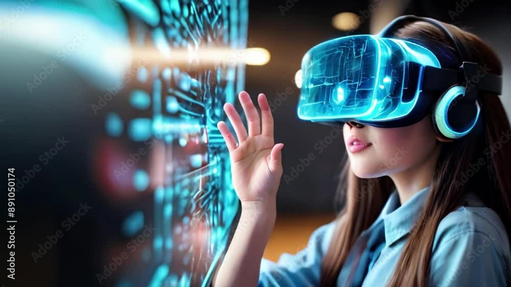 School student with VR headset using AI artificial intelligence technology & machine learning.Interactive technology in classroom. Innovation & smart tech. AI blue hologram in education