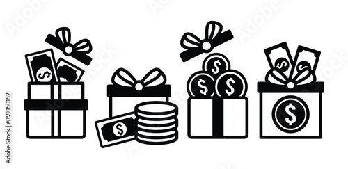 money gift box icon symbol vector design black white color simple illustration collection set 