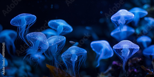 Beautiful Glowing Blue Jellyfish in Deep Underwater Ocean Scene