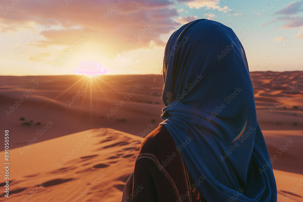 Woman Observing Sunset in Desert, Wearing Blue Hijab, Scenic Landscape View Woman Observing Sunset in Desert, Wearing Blue Hijab, Scenic Landscape View