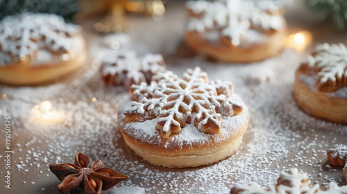 A baker crafts festive pastries decorated with edible snowflakes in celebration of a winter wonderland holiday, blending culinary artistry with seasonal themes.