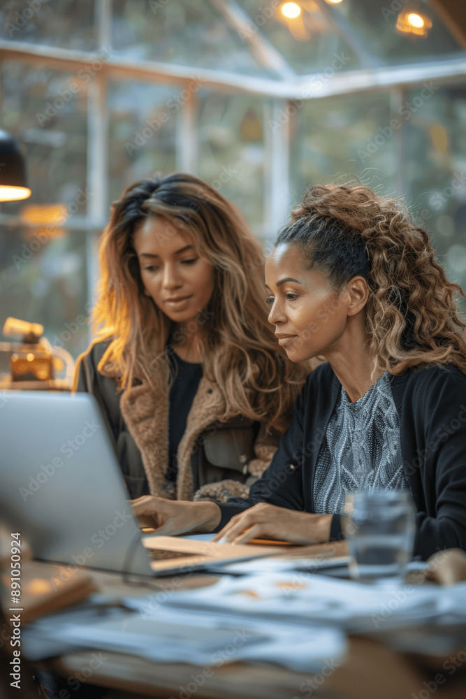 Two Businesswomen Collaborating on Laptop for Digital Marketing Project in Modern Office Two Businesswomen Collaborating on Laptop for Digital Marketing Project in Modern Office