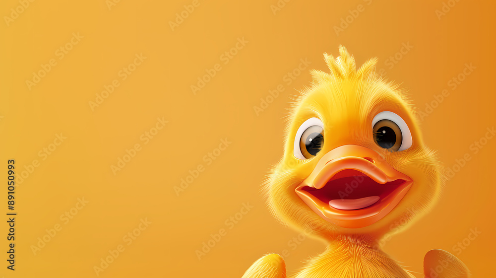 Close-up of an adorable cartoon duckling with a bright orange background and a cheerful expression.
