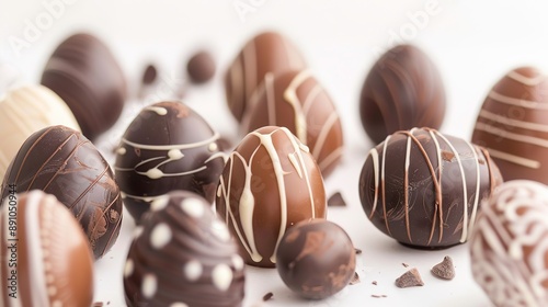 Group of Chocolate Easter Eggs Against a White Background, Featuring a Variety of Shapes and Designs, Ideal for Celebrating Easter and Showcasing Sweet Treats photo