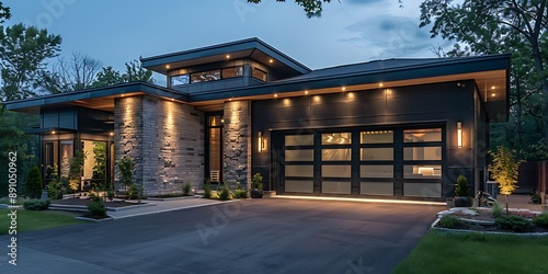 3d rendering of modern cozy house with garage and pool for sale or rent with wood plank facade. Clear summer night with many stars on the sky.