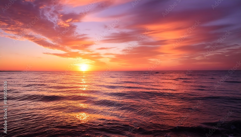 Fototapeta premium Fiery orange sun dips below the horizon, casting long reflections across the rippling ocean waves