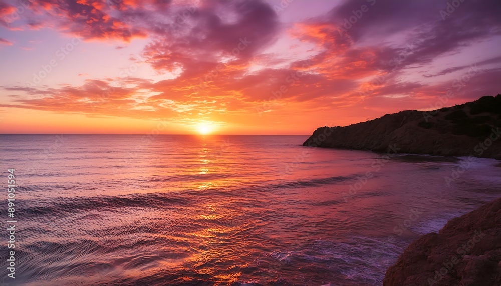 Fiery orange sun dips below the horizon, casting long reflections across the rippling ocean waves