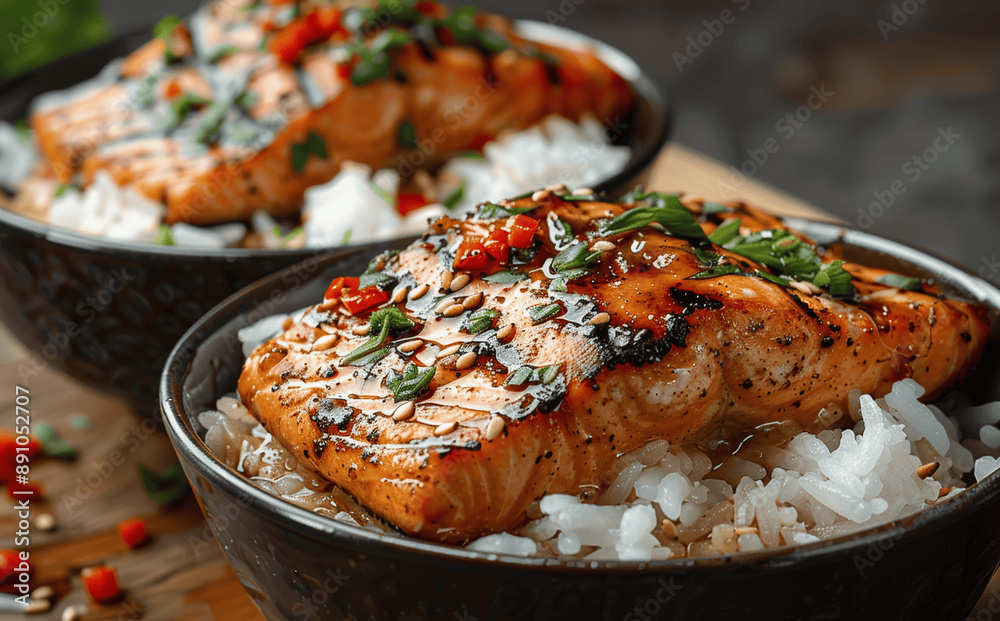 Grilled Salmon and Rice Bowl with Vegetables, Japanese Style Grilled Salmon and Rice Bowl with Vegetables, Japanese Style