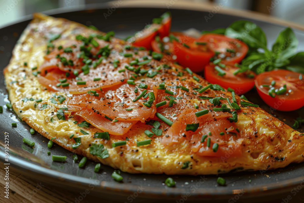 Omelette with Ham Chives Salmon Basil Coriander Tomatoes Vegetables French Breakfast