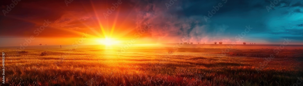 A field of grass with a bright orange sun in the sky. The sun is setting and the sky is filled with clouds A field of grass with a bright orange sun in the sky. The sun is setting and the sky is filled with clouds