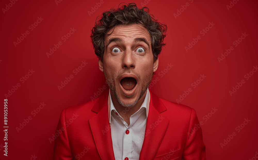 Handsome Businessman in Red Suit with Surprised Expression on Solid Background Portrait of Young Man with Shocked Face Looking at Camera Generative AI Handsome Businessman in Red Suit with Surprised Expression on Solid Background Portrait of Young Man with Shocked Face Looking at Camera Generative AI