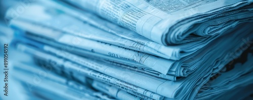 Blue Hues of Information A Stack of Newspapers in Blue Tones, Newspaper, Blue, Stack, Information