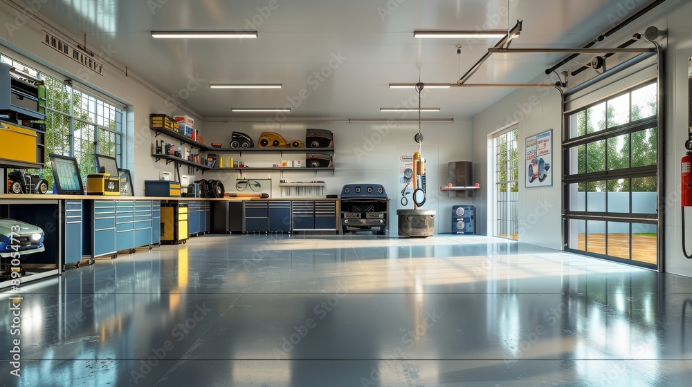 Clean, Organized, and Well-Lit Garage Interior, 3D Rendering, Garage Interior Design, Tool Storage, Workshop Space