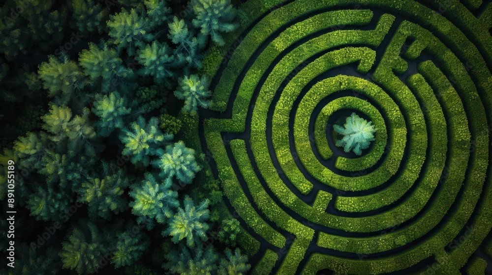 A large green spiral of trees with a small green tree in the middle A large green spiral of trees with a small green tree in the middle