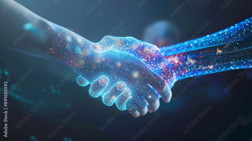 Digital Handshake A Symbiotic Fusion of Humanity and Technology, digital art, glowing hands, futuristic, technology, handshake, synergy Digital Handshake A Symbiotic Fusion of Humanity and Technology, digital art, glowing hands, futuristic, technology, handshake, synergy