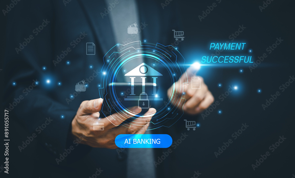 Businessman using AI Banking technology assistant support mobile payment, AI technology on Mobile internet banking. Businessman using AI Banking technology assistant support mobile payment, AI technology on Mobile internet banking.