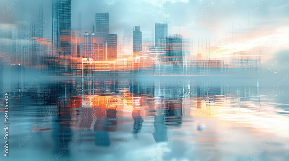 Fototapeta premium A city skyline is reflected in the water, with the sun setting in the background. The image has a serene and peaceful mood, with the water and sky blending together to create a beautiful