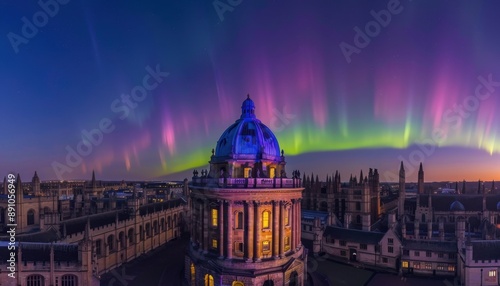 The Radcliffe Camera Under the Aurora Borealis in Oxford, England