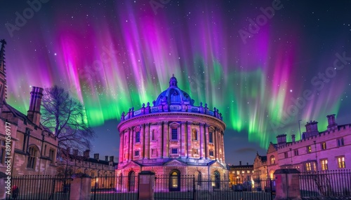 The Radcliffe Camera in Oxford Under a Night Sky Display of Auroras