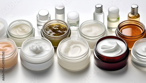 White ceramic cups with lids sit beside glass jars of coffee beans and natural cream, arranged for a spa-like morning beverage