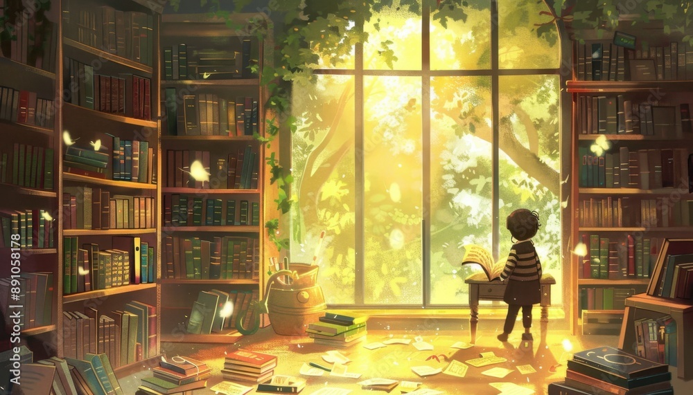 A Child Reading in a Sunlit Library Filled With Books A Child Reading in a Sunlit Library Filled With Books