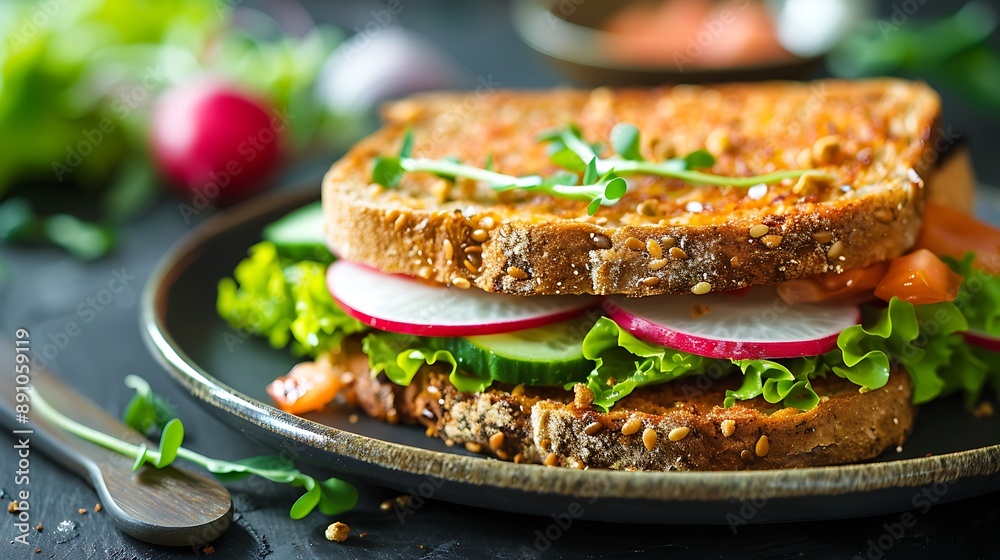 Close up of an appetizing sandwich with a vegan cutlet and fresh vegetables on a plate baked toast with cutlet radish cucumber and lettuce Close up of an appetizing sandwich with a vegan cutlet and fresh vegetables on a plate baked toast with cutlet radish cucumber and lettuce