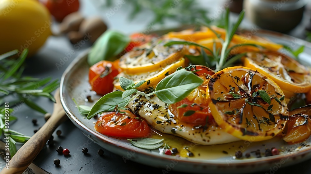 Close up of good prepared orata with lemon and baked vegetables with herbs served on plate with wooden spoon napkin twigs and peppercorns around Close up of good prepared orata with lemon and baked vegetables with herbs served on plate with wooden spoon napkin twigs and peppercorns around