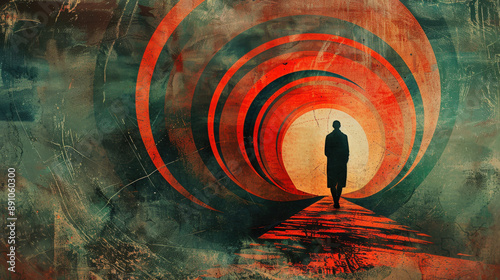 abstract illustration collage of a human in a spiral staircase leading downward into darkness, illustrating the descent into depressive states and the feeling of being trapped in a downward spiral