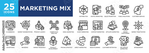 Marketing Mix, product, promotion, strategy, business, price icon set. icons collection. Simple vector illustration