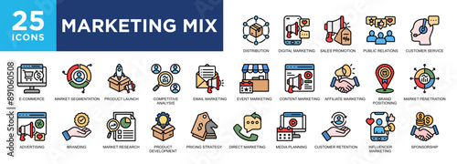 Marketing Mix, product, promotion, strategy, business, price icon set. icons collection. Simple vector illustration