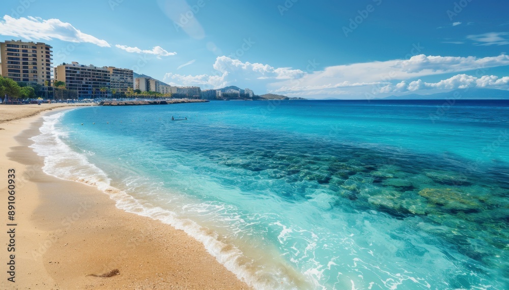 Sunny Day at a Sandy Beach With Clear Blue Water and Coastal Buildings Sunny Day at a Sandy Beach With Clear Blue Water and Coastal Buildings