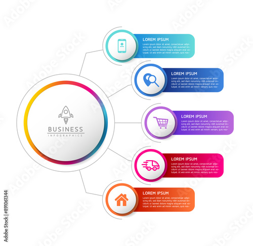 Vector infographic business presentation template with circular interconnection with 5 options.