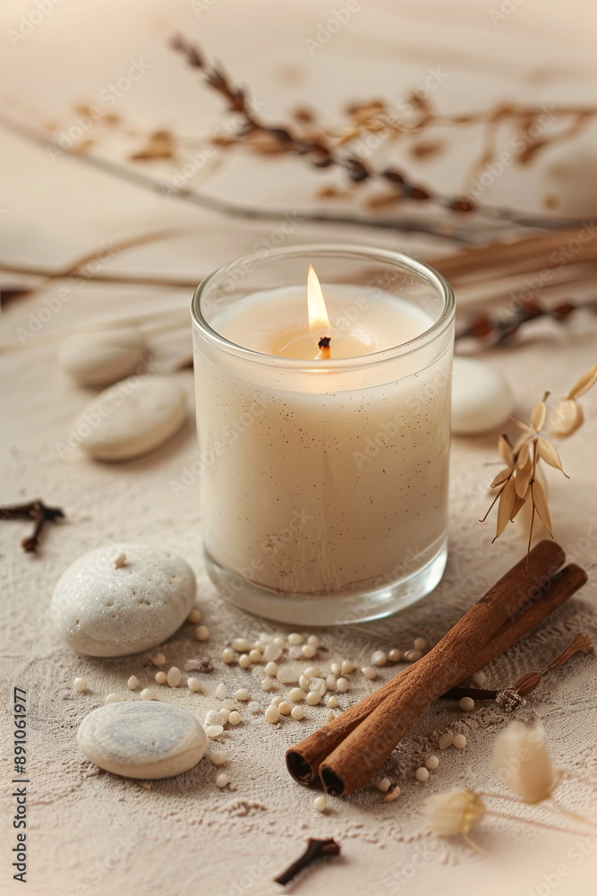 Vanilla burning candle on a beige background with stones and dry flowers, home comfort, spa, relax and wellness concept, interior decoration