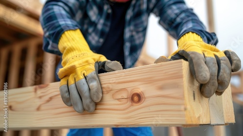 A carpenter in protective gloves working with wooden planks, illustrating craftsmanship, woodworking, and construction. photo