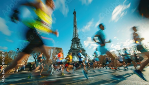 Runners Race Past Eiffel Tower in Paris Marathon