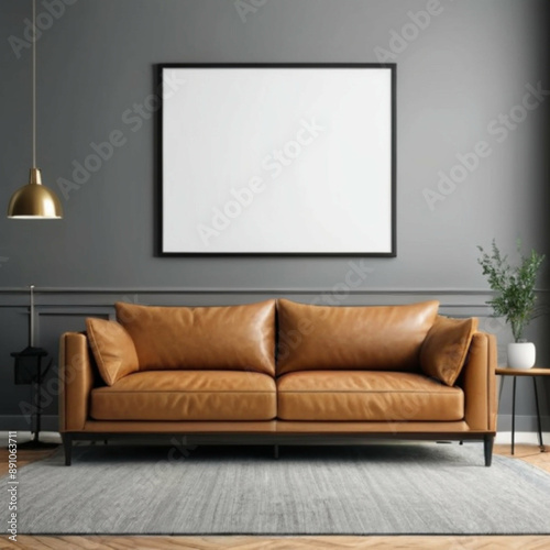 Modern interior background with empty frame mockup, minimalist home wall art scene for design, blank picture frame on stylish wall background, contemporary room decor template for artwork display