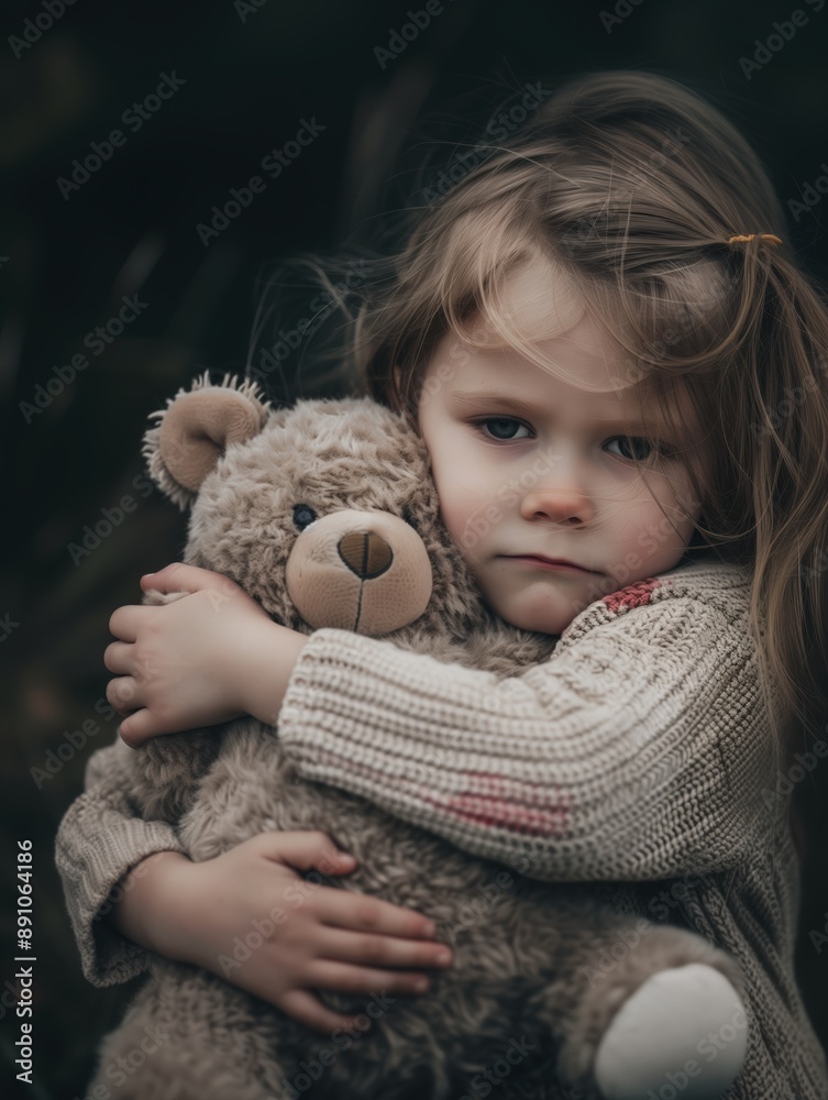 A young child lovingly hugs a teddy bear, showcasing emotion and innocence in a touching moment of comfort and companionship. A young child lovingly hugs a teddy bear, showcasing emotion and innocence in a touching moment of comfort and companionship.