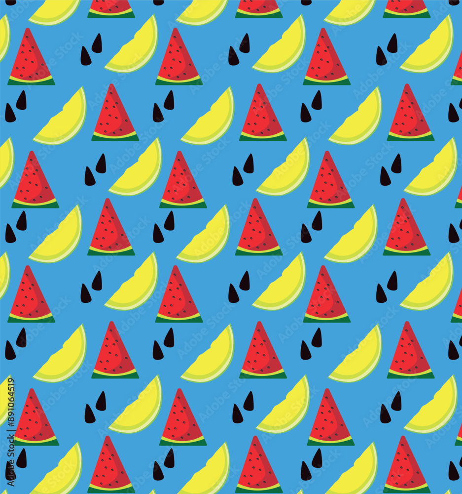 Watermelon and melon slices in a colorful pattern for printing and printing. A fruit and berry pattern in a vector. 