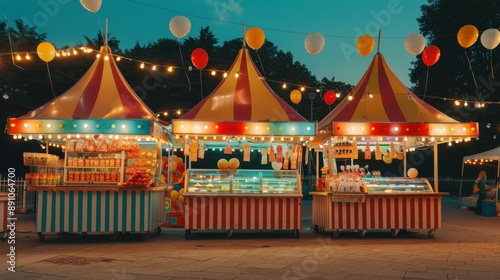 Row of vibrant carnival food stalls decorated with bright lights and colorful balloons at dusk, creating a festive atmosphere.