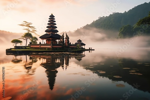 Ancient pura ulun danu bratan, besakih or famous hindu temple and tourist in bali island at sunrise